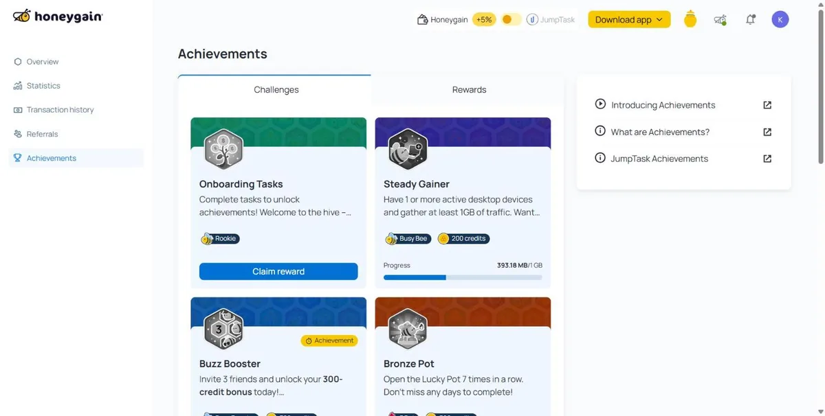 Logros de Honeygain: progreso hacia el primer GB compartido