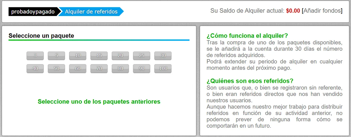 Página de alquiler de referidos de NeoBux